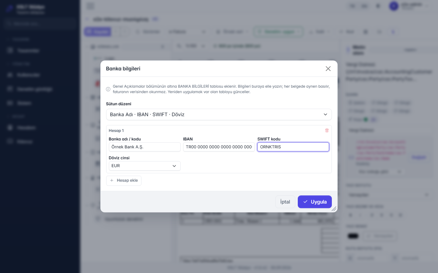 Bank details dialog